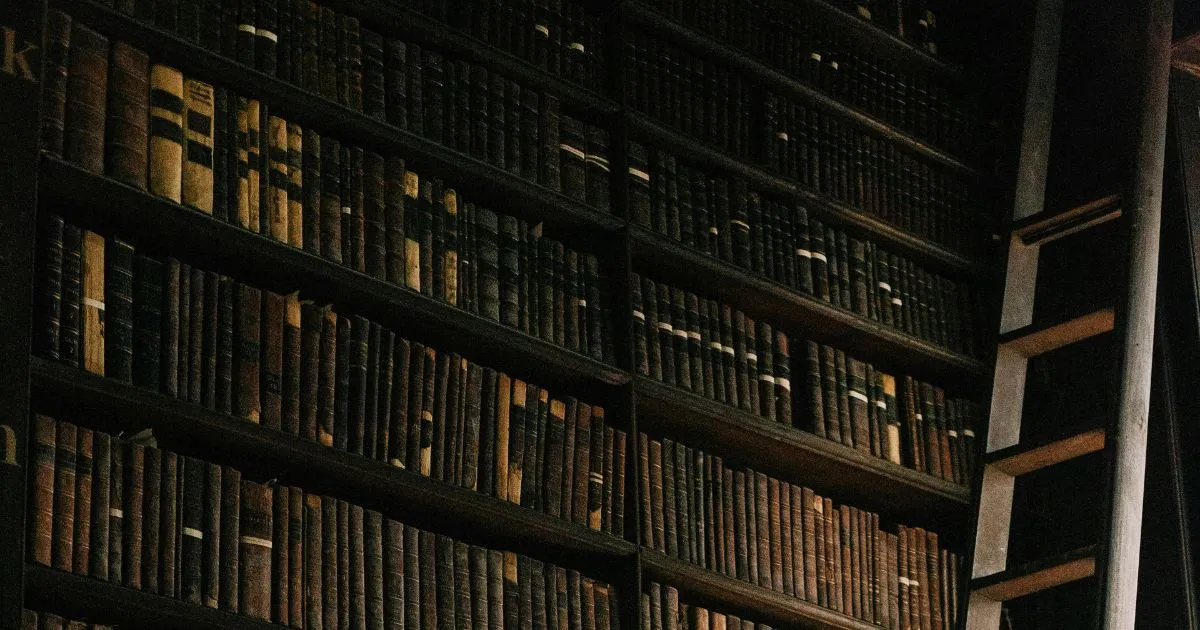 Bibliotecă veche cu rafturi înalte de cărți și scară de acces